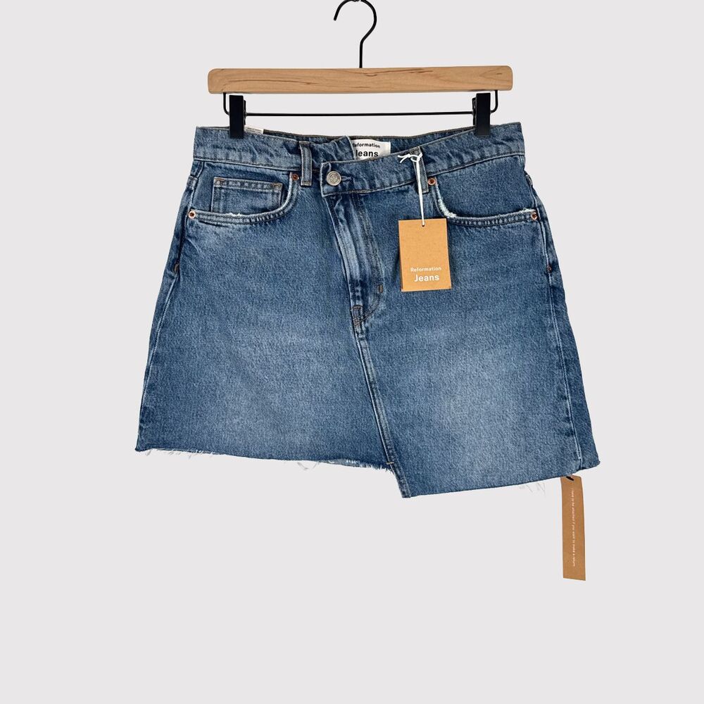 NEW Reformation Womens Mini Skirt Blue Ellie Asymmetric Denim Organic Cotton 28